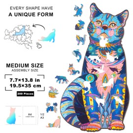 Wooden Puzzles for Adults, Wooden Blue Cat Jigsaw Puzzles with Animal Shaped Pieces, Unique Wood Cat Shape Puzzle for Adult, Ideal for Challenging and Gift (7.7×13.8 inches) 200 pcs - M