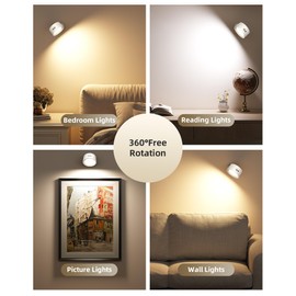 AMETHEUS LED Wall Mounted Lights, Rechargeable Wall Sconces Lamp, 3 Color Temps & Remote and Touch, 360°Rotation Dimmable Cordless Wall Light for Study Bedroom Reading Bedside(White, 2 Pack)