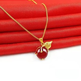LRESJJIUJ Good Luck Necklace Luxury Gourd Shaped Natural Hetian Red Jade Pendant with 18K Gold Plated Chain Dainty Amulet Pendant Necklace Jewelry Gift