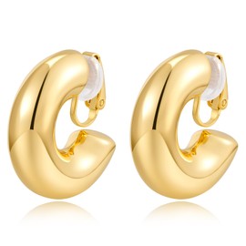 INNERDIVA C Shape Hoop Clip-on Earrings Gold Chunky Gold Clip On Hoops Earrings for Women No Pierced Earrings