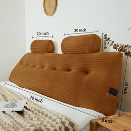 Rycwola Headboard Wedge Pillow with 2 Pack Neck Roll Pillow Large Headboard Pillow Soft and Supportive Bed Rest Reading Pillows for Sitting in Bed with Removable Cover (Brown, King：76x8x20 Inches)