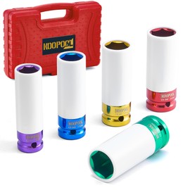 1/2" Drive 5pc Impact Lug Nut Socket Set, Metric 15-17-19-21-22 mm, Thin Wall with Colored Covers, Wheel Lug Nuts Socket with Protective Sleeve and Insert Prevent Damage to Rims (Red）