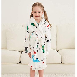 DNggAND Boys Girls Bathrobes,Toddler Boy Girl Robes,Children's Plush Soft Coral Fleece Hooded Pajamas Sleepwear for Kids Dinosaur White 4-5T