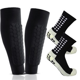 Yuogoer Espinilleras de Fútbol y Calcetines Antiderrapantes de Fútbol, Manga de Compresión de Pantorrilla, Espinilleras Fútbol con Almohadilla Anticolisión, Espinilleras Deportivas Fútbol, M