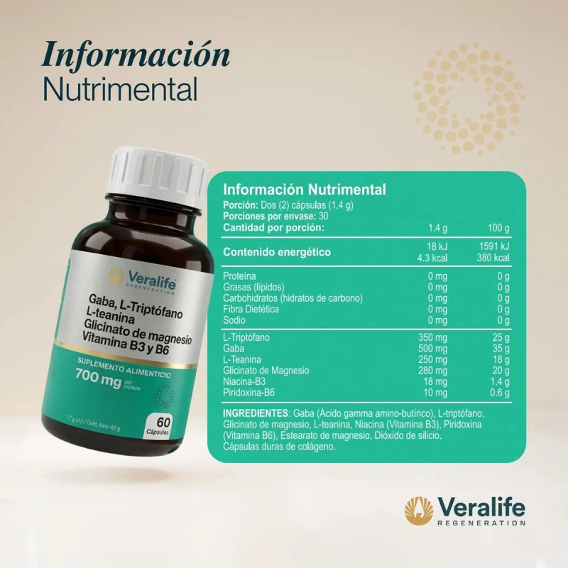 Suplemento Nutricional VeraLife con L-Triptófano, Gaba y Magnesio para Bienestar