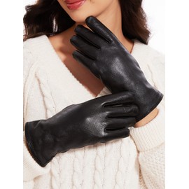 ROSYLINE Leather Gloves Women Touch Screen Gloves Warm Winter Driving Glove Hull-Hand GlossyBlack L