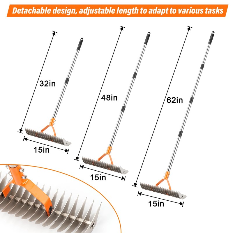 DigiGlow 62" Adjustable Thatch Rake - 19-Tine Lawn Dethatcher with