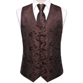 Hi-Tie Men's Brown Paisley Waistcoats Formal Floral Jacquard Suit Vest Silk Necktie Pocket Square Set for Wedding Party