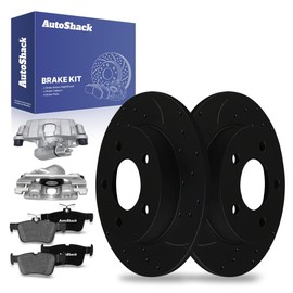 AutoShack Rear Drilled & Slotted Brake Rotors Premium Ceramic Brake Pads Calipers | Replacement for 2010-2013 Mazda 3 Sport 2.5L FWD | Black E-Coated | 8-PC Brake Kit | NightGuard
