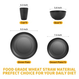 Lazycorner 32Pcs Kitchen Wheat Straw Dinnerware Set, Service for 8, Plastic Reuasble Dinner Dishes Serving Plate Set for Kitchen, Including Dinner Plate, Dessert Plate, Bowl, Cup(Black)