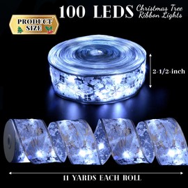 Christmas Decorations, 2.5Inch x 33Ft 100 Led Christmas Tree Ribbon Lights with Remote Control, Battery Operated & USB Powered 8 Lighting Modes Fairy String Lights with Timer for Xmas Decor