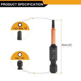 HARFINGTON 5pcs T8 Torx Head Screwdriver Bit 2" (50mm) Long 1/4" Hex Shank Magnetic No Hole Tamper Proof 6 Point Star Screw Driver Drill Bits Phosphate S2 Steel Industrial Power Tools
