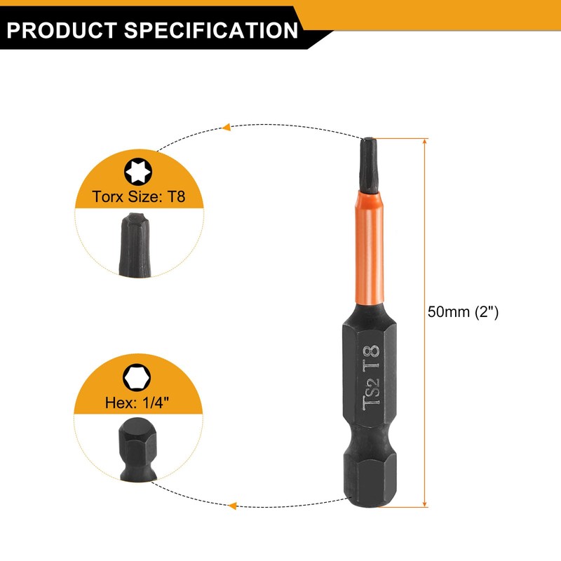 HARFINGTON 5pcs T8 Torx Head Screwdriver Bit 2" (50mm) Long