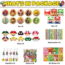 Birthday Party Supplies,110Pcs Party Favors,Include 10 Button Pins,10 Wristbands,10 Slap Bracelets,10 Keychain,10 Make a Face Stickers,50 Stickers and 10 Gift Boxes for Kids