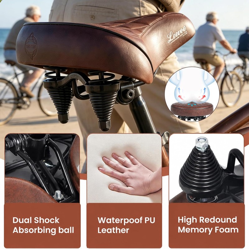 LEWEE Cruiser Brown Bike Seat, Extra Wide Bicycle Saddle Cushion,