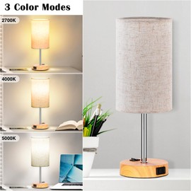 ZJOJO Table Lamp for Bedroom Set of 2, Bedside Small Lamps with 3 Way Dimmable Rocker Switch & AC Outlet, Nightstand Desk Lamp with Flaxen Fabric Shade Woodgrain Base for Living Room Home Decor Lights