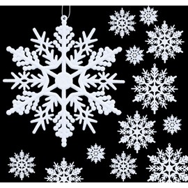 Anstore Pack of 56 Snowflakes Christmas Decoration, Christmas Tree Decoration Pendants, Glittering Plastic Ornaments in Various Sizes, Christmas Tree Decorations White