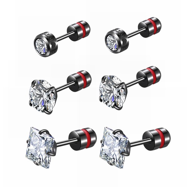 3 Pairs Round & Square Cut Cubic Zirconia Stud Hypoallergenic
