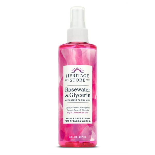 Heritage Store Rosewater & Glycerin | Hydrating Mist for Skin & Hair | No Dyes or Alcohol, Vegan & Cruelty Free | 8oz