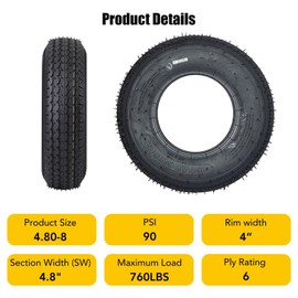 GarveeTech 2 PCS Trailer Tires, 4.80-8 6PR Trailer Tires With 12'' Rim, Load Range C 4.80-8 Premium Trailer Tires For Different Agricultural Terrains Towing