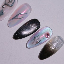 Chrome Crown Handmade Nail Tips Black Magnet Metal Parts Nail - Coffin Long / 크롬크라운 수제네일팁 블랙자석 메탈파츠 네일 - 코핀롱