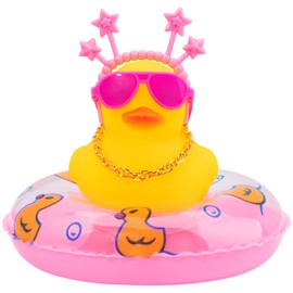wonuu Car Duck Rubber Duck Car Ornaments Duck Car Dashboard Decorations with Cute Headband Swim Ring Necklace Sunglasses, B-Pink Star Headband