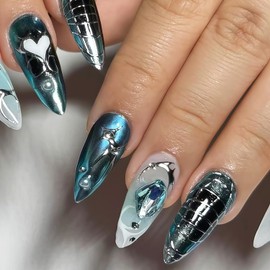 French Tip Press on Nails Long Stiletto Fake Nails with Heart Pattern Rhinestones Silver Lines Design Full Cover Stick on Nail Shiny Acrylic False Nails Daily Nail Wear Decoration for Women 24Pcs