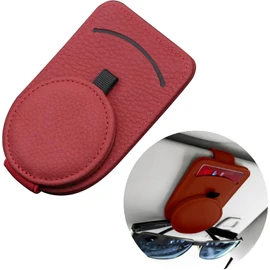 Sunglasses Holder for Car – Genuine Leather, Magnetic Closure, Card Pocket, Fits All Sunglasses – Sun Visor Accessory (2 Pack,Red)