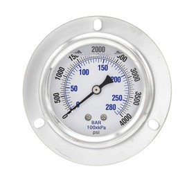 PIC Gauge PRO-204L-254Q Glycerin Filled Industrial Front Flanged Panel Mount Pressure Gauge with Stainless Steel Case, Brass Internals, Plastic Lens, 2-1/2" Dial Size, 1/4" Male NPT, 0/4000 psi