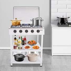 OCASAMI Propane Gas Stove, 5 Burner Propane Gas BBQ Grill with Wind Blocking Cover Stainless Steel Gas Cooker Gas Grill for Outdoor Cooking & Camping & RV & Apartment (White)