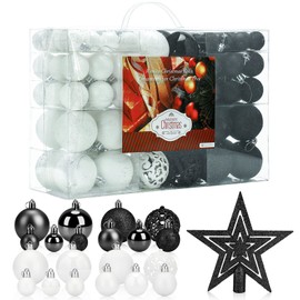 Aitsite Pack of 101 Christmas Tree Baubles Black and White Christmas Baubles 6 cm / 4 cm / 2 cm Plastic Christmas Tree Decoration Wall Hanging Ornaments Christmas Tree Baubles Tinsel Door Decorations