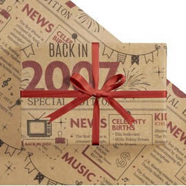 RUSPEPA 2025 Funny Birthday Wrapping Paper for Teenager, Mini Roll, Back In 2007 Newspaper Vintage Design Kraft Paper for 18th Birthday Party Gift and Special Occasions, 17 inch x 16.4 feet, 18th