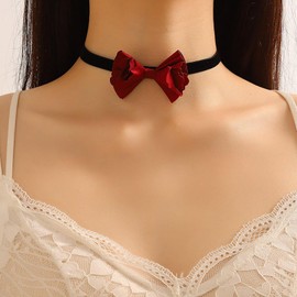 Atentuyi Vintage Red Bow Choker Necklace Black Velvet Choker Lace Bow Tie Choker Red Bowknot Collar Choker Gothic Retro Victorian Choker Jewelry for Women Girls