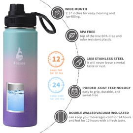 Farsea Insulated Water Bottle With Paracord Handle, Protective Silicone Boot and 2 Lids (Straw Lid & Spout Lid), Stainless Steel Water Bottle Wide Mouth, Double Wall Sweat-Proof (Hydrangea, 24oz)