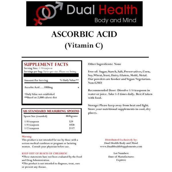 Dual Health Body & Mind 1 Bag of Each (2000 Grams (4.4 lb)) Ascorbic Acid Vitamin C & MSM Methylsulfonylmethane Powder Combo