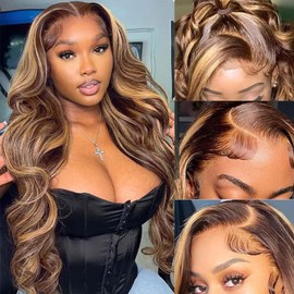 IWISH Body Wave Wig 13x4 HD Lace Front Wigs Human Hair P427 Color 150 Density 16 inch Highlight Color Human Hair Wigs for Black Women Pre Plucked with Baby Hair for Beginners