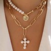 Pearl Cross Necklace with Vintage Seal Inlaid Pearl Necklace Gold