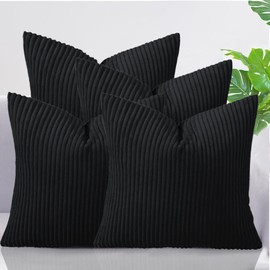 AMEHA Soft Corduroy Black Velvet Cushion Covers 45 x 45 cm Set of 4 Pcs with Invisible Zipper Decorative Square Throw Pillowcases for Bedroom, Sofa (18x18 inch Stripe Cushions)