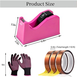 Heat Tape Dispenser Set, Sublimation Tape Dispenser 2 Pcs Heat Resistant Gloves with Silicone Bumps 3 Pcs Heat Tape for Sublimation Nonskid Base Weighted Desktop for Office Home (Rosy)