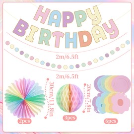 Pastel Birthday Decorations Macaron Pre-Strung Happy Birthday Banner Pastel Honeycomb Balls, Flower Swirls, Garland, Hanging Paper Fans Decoration for Birthday Easter Party