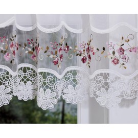 Today's Curtain, Vintage Macramé Organza Valance 14", White/Rose, 58" W x 14" L