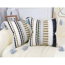 NUYECY Boho Throw Pillow Covers 18x18 Aesthetic Neutral Boucle Couch Pillow Cover Rainbow Striped Decorative Accent Pillow Case for Couch Bed Sofa Farmhouse Bedroom,Modern Funky,Set of 2 Khaki