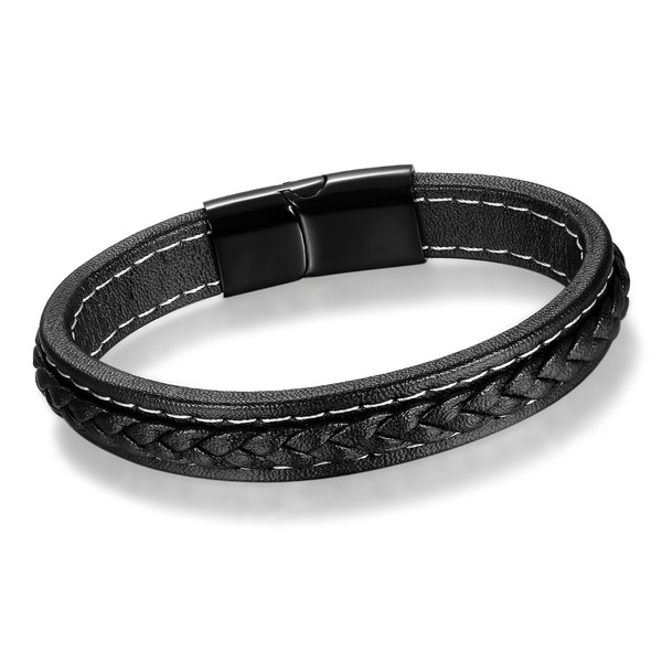 Cupimatch Men's Braided Leather Magnetic Clasp Bracelets Charm Bracelet Bangle