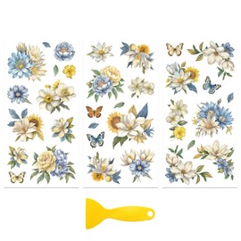 Peacoblue Rub on Transfer Decal Sticker for Furniture Craft Decor 6"x12" Blue White and Yellow Floral, 3Pcs Waterproof UV DTF Transfer for Drawer Dresser Glass Porcelain Wood Plastic