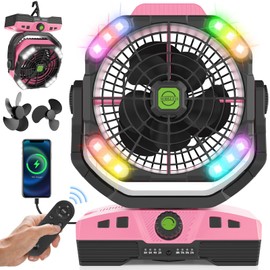 RUNTOP Oscillation Camping Fan with LED Lantern, 20000mAh Rechargeable Battery Operated Outdoor Tent Fan w/Hanging Hook, Remote Control, 4 Speeds, Personal USB Desk Fan for Camping, Jobsite X68A Pink