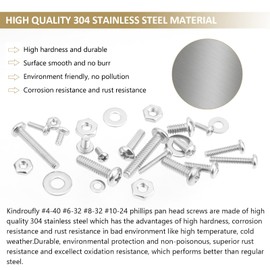Kindroufly 722 Pieces #4-40#6-32#8-32#10-24, Phillips Pan Head Machine Screws Nuts Assortment Kit, 304 Stainless Steel, Fully Machine Thread