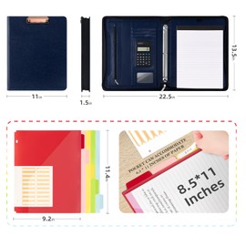 Ospelelf 3 Ring Portfolio Binder with Zipper, Leather Clipboard with Storage, Padfolio Folder for Men, 12.1” Tablet Sleeve, 5 Dividers with Pocket, Refillable Notepad, Card Slot (Navy Bule)