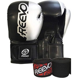 REEVO Sport Signature Boxing Gloves - Faux Leather Hook & Loop Closure Gloves with a Pair of 180" Handwraps (Black, 12oz)