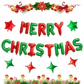 FunHot Merry Christmas Balloons Banner, Red Green Merry Christmas Foil Balloons, 16 Inch Xmas Letter Balloons with 10 Inch Christmas Green Red Star Balloons for Christmas Themed New Year Party Decor