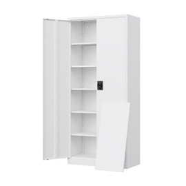 Yizosh Metal Garage Storage Cabinet with Lock, 71" Locking Tool Cabinet with 2 Doors and 5 Shelves, Heavy Duty for Garage, Office, School (White)